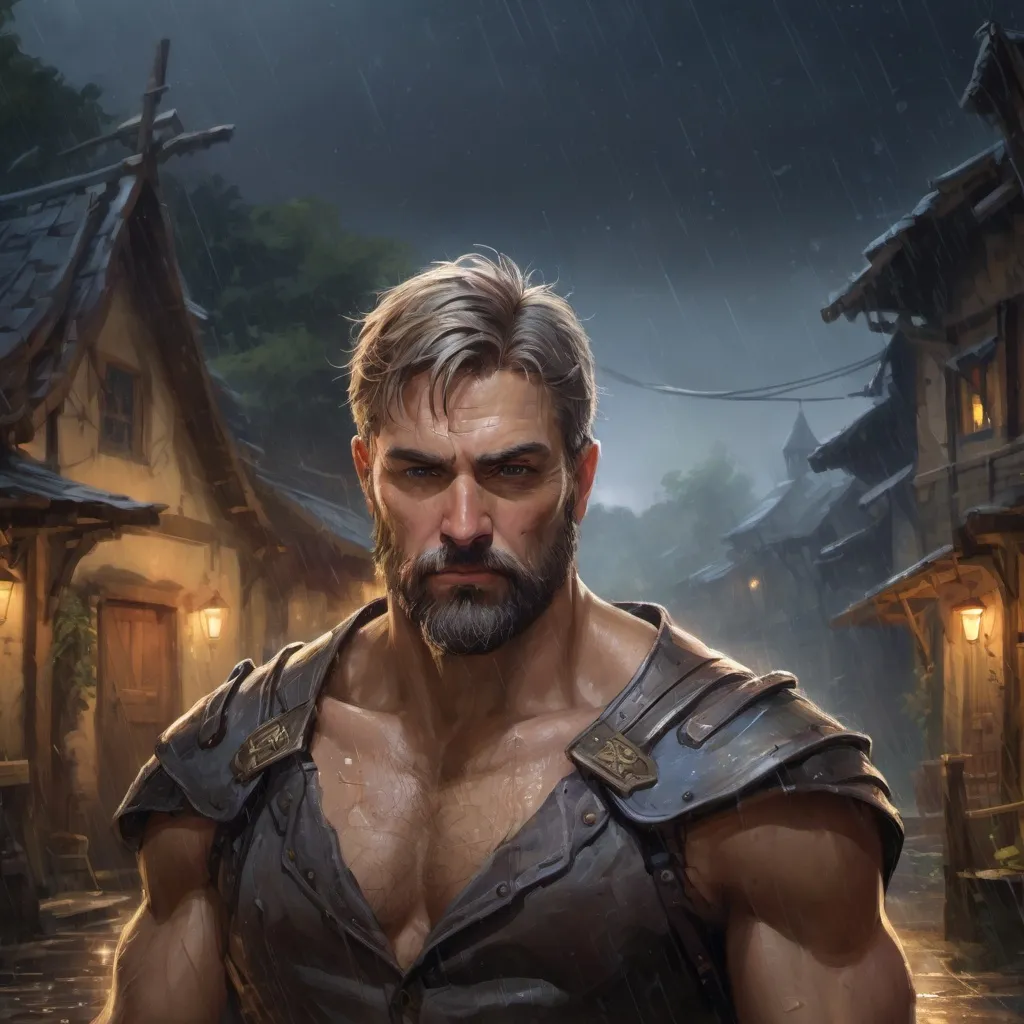 Prompt: Male stocky Muscular large old paladin with short-cut hair and beard, open shirt hairy chest, outside of a small fantasy village in the rain at night, pathfinder, d&d setting, in a realistic high quality digital art style, enhanced shadow quality, colorful