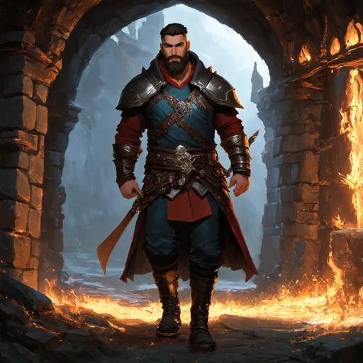 Prompt: (Full body) male warrior with short hair and beard, exploring a dark fantasy dungeon, pathfinder, d&d setting, in a detailed digital art style