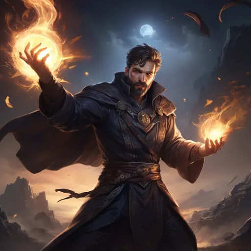 Prompt: Male stocky heavy-set mature sorcerer with short-cut hair and beard, casting a glowing spell out of hands, on a battlefield at night, pathfinder, d&d setting, in a realistic high quality digital art style, enhanced shadow quality