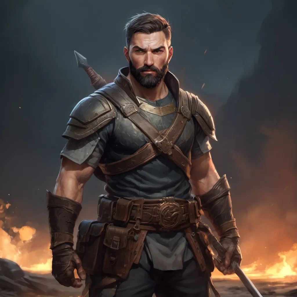 Prompt: Male stocky muscular ranger-warrior with short-cut hair and beard, in a battlefield at pitchblack night, pathfinder, d&d setting, in a realistic high quality digital art style, enhanced shadow quality, colorful