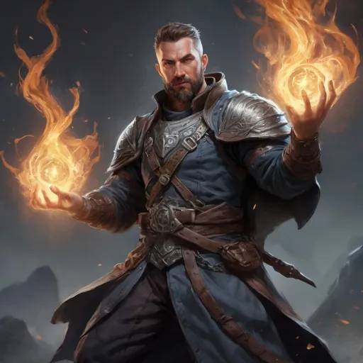 Prompt: (torso) Male stocky large mature fit battle-mage with short-cut hair and beard, engaged in combat casting a light-spell  nature, pathfinder, d&d setting, realistic, enhanced shadow quality