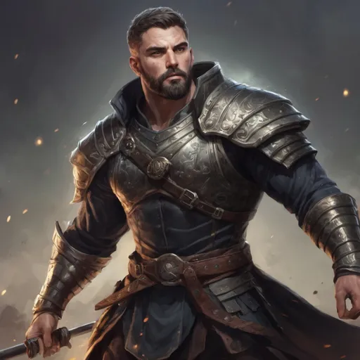 Prompt: (Full body) male stocky masculine manly hunky royal king with short hair and beard, hairy chest, in a dark battle field, pathfinder, d&d setting, in a realistic high quality digital art style