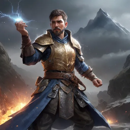 Prompt: Male stocky large battle-mage with short-cut hair and beard, wearing chainmail, engaged in combat casting a prismatic-spell on a battlefield in a rainstorm, pathfinder, d&d setting, in a realistic high quality digital art style, enhanced shadow quality, colorful