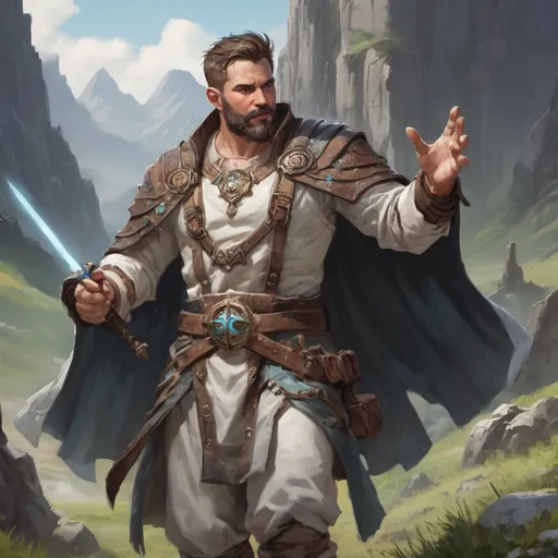Prompt: Male stocky heavy-set large fit cleric with short-cut hair and beard, open shirt, casting a healing-spell out of hands, in a windy valley in a battle, pathfinder, d&d setting, enhanced shadow quality, colourful