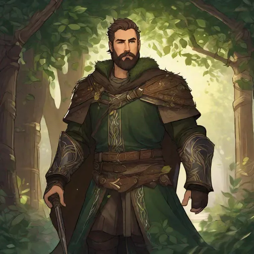 Prompt: (Full-body) a handsome large burly hairy male druid with short hair and short beard, magic light swirl in one hand, wearing dark forest-green armor with vines and wooden details, visible chest hair, brown cloak, boots, street in a town at night, in a shaded painted style