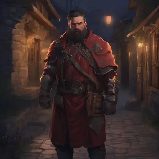 Prompt: (Full body) male manly stocky noble royal guard with dark short-cut hair and beard, in small village at night, pathfinder, d&d setting, in a realistic digital art style