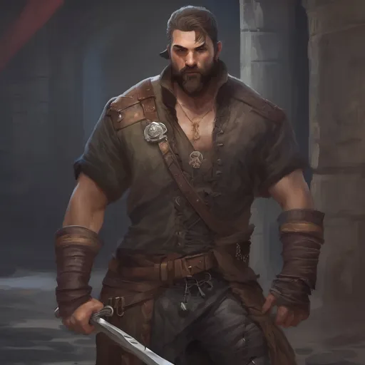 Prompt: (Full body) male stocky big-chested pirate bandit with short hair and beard, no shirt on, in a dark castle, pathfinder, d&d setting, in a realistic digital art style