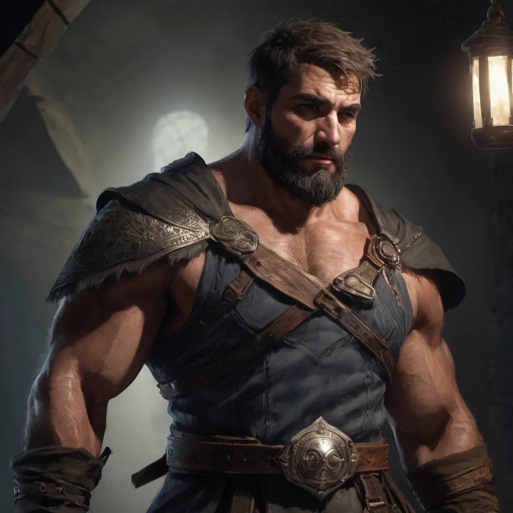 Prompt: Male stocky large muscular bandit with short-cut hair and beard, exploring a dark trasure room, pathfinder, d&d setting, realistic, enhanced shadow quality