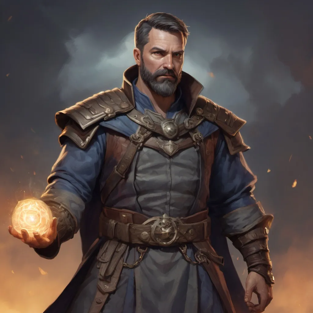 Prompt: Male heavy-set 42-year old muscular noble large sorcerer with short-cut hair and beard,  casting force-magic in a windy castleground at dusk, pathfinder, d&d setting, enhanced shadow quality