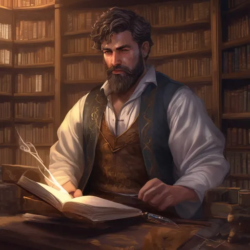 Prompt: (Full body) male stocky big-chested young alchemist with striped short hair and beard, hairy chest, casting swirly bright spell, in a dark library, pathfinder, d&d setting, in a realistic high quality digital art style