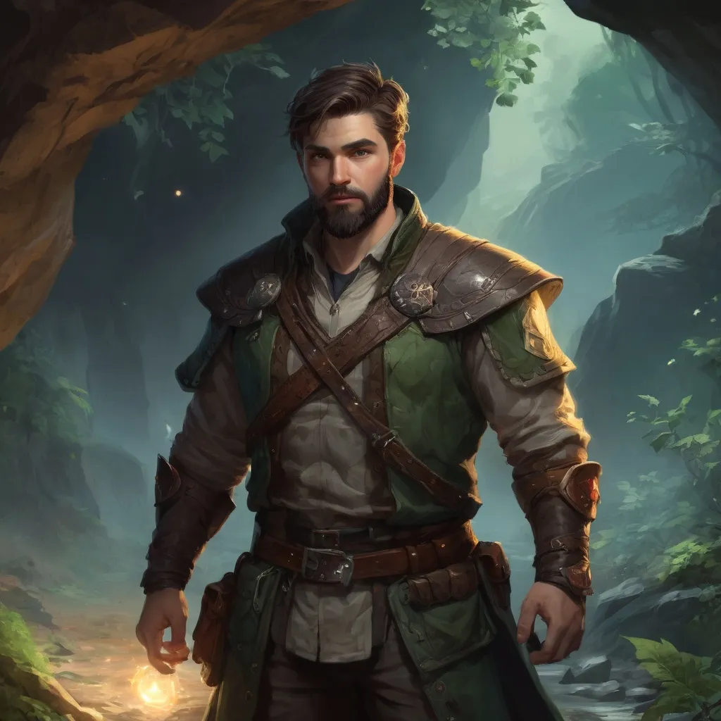 Prompt: (Full body) male stocky handsome arcane-ranger with short-cut hair and beard, in a forest cave at night pathfinder, d&d setting, in a realistic high quality digital art style