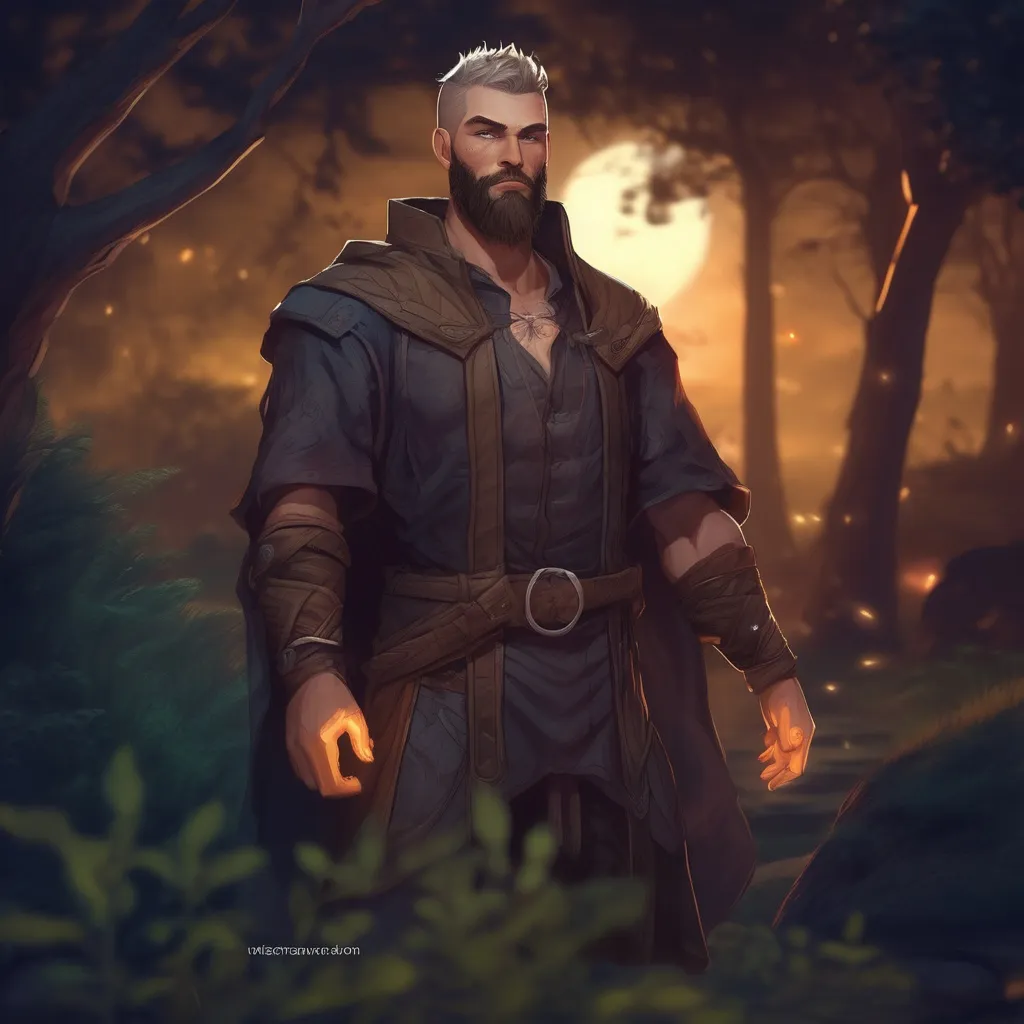 Prompt: (Full body) male muscular magus with short hair and beard, in nature at night, pathfinder, d&d setting, in a realistic digital art style