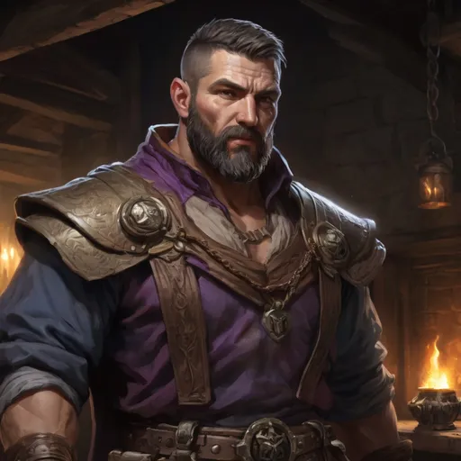 Prompt: Male stocky large muscular royal magus with short-cut hair and beard, exploring a dark tavern room, pathfinder, d&d setting, realistic, enhanced shadow quality