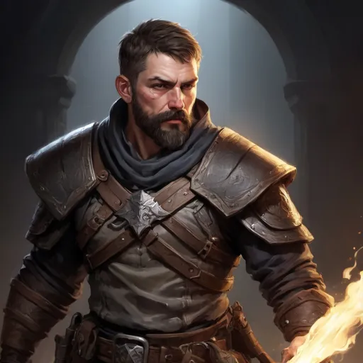 Prompt: Male stocky large mature fighter with short-cut hair and beard, engaged in combat inside of a dark dungeon, pathfinder, d&d setting, in a realistic high quality digital art style, enhanced shadow quality, colorful