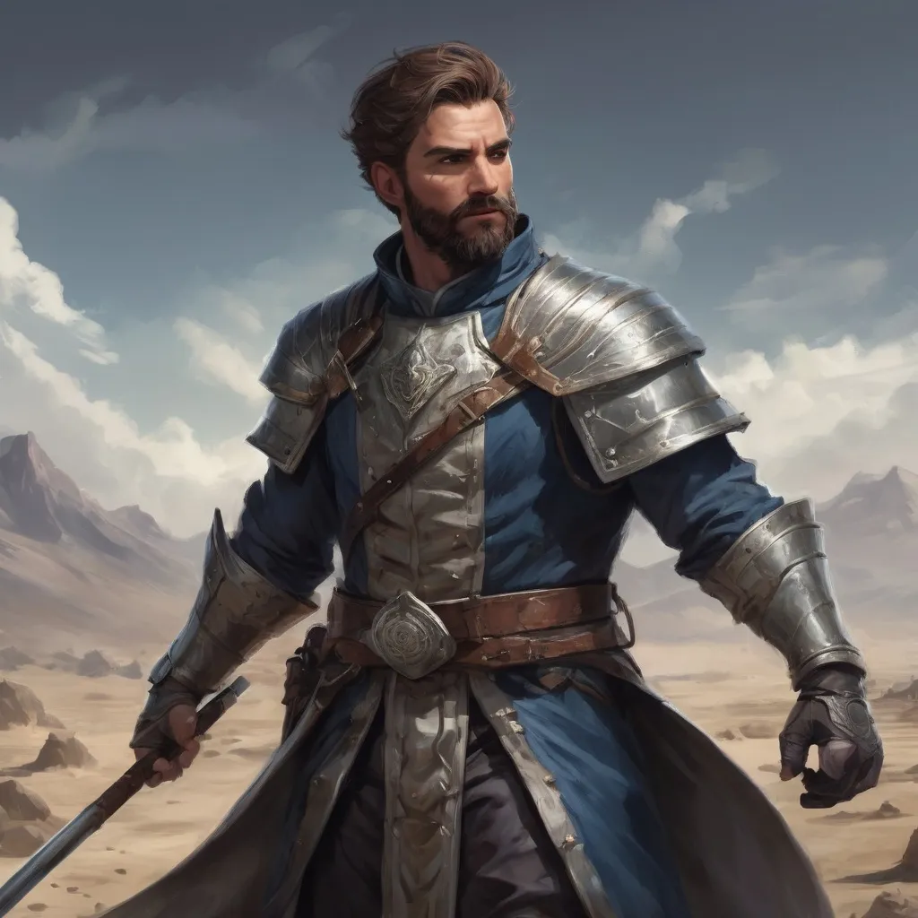 Prompt: Male stocky heavy-set argentinian royal magus with short-cut hair and beard, on a windy battlefield, pathfinder, d&d setting, in a realistic high quality digital art style, enhanced shadow quality