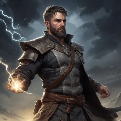 Prompt: (Torso) Male stocky large fit fantasy-sorcerer with short-cut hair and beard, hairy chest, engaged in combat casting a spell standing in a windy field at night, pathfinder, d&d setting, realistic, enhanced shadow quality