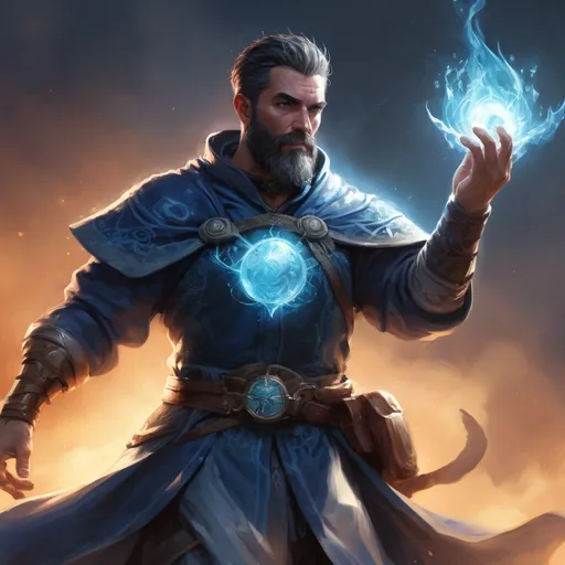 Prompt: Male stocky heavy-set mature water-mage with short-cut hair and beard, on a battlefield, in combat, casting a white-spell, pathfinder, d&d setting, in a realistic high quality digital art style, enhanced shadow quality, colorful