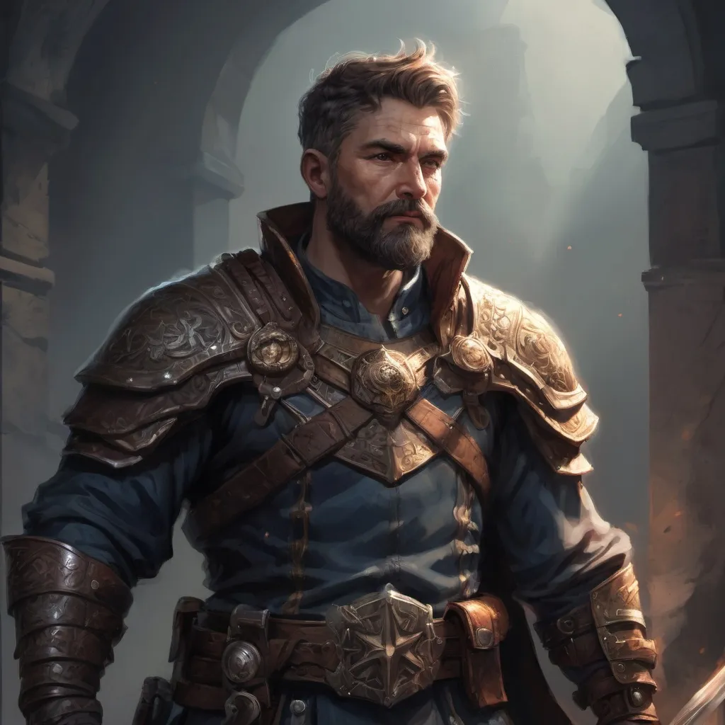Prompt: Male stocky large mature warrior with short-cut hair and beard, exploring a dark astral dimention, pathfinder, d&d setting, in a realistic high quality digital art style, enhanced shadow quality, colorful