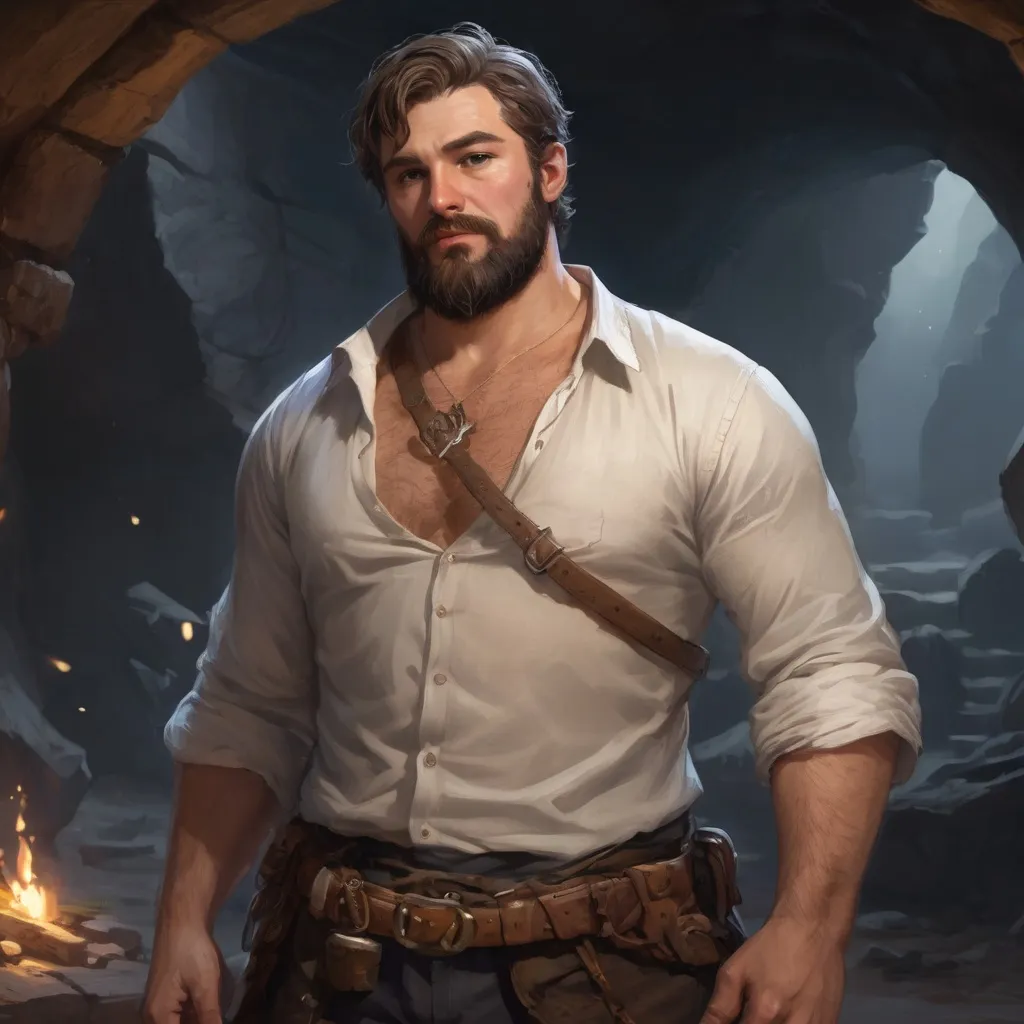 Prompt: Male stocky heavy-built bard with short-cut hair and beard, open shirt hairy chest, with a big belly, inside a cavern dungeon at night, pathfinder, d&d setting, in a realistic high quality digital art style, enhanced shadow quality