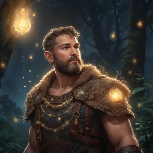Prompt: male stocky fat muscular druid with short hair and beard, surrounded by magical glow and fireflies, in nature at night, pathfinder, d&d setting, Realistic