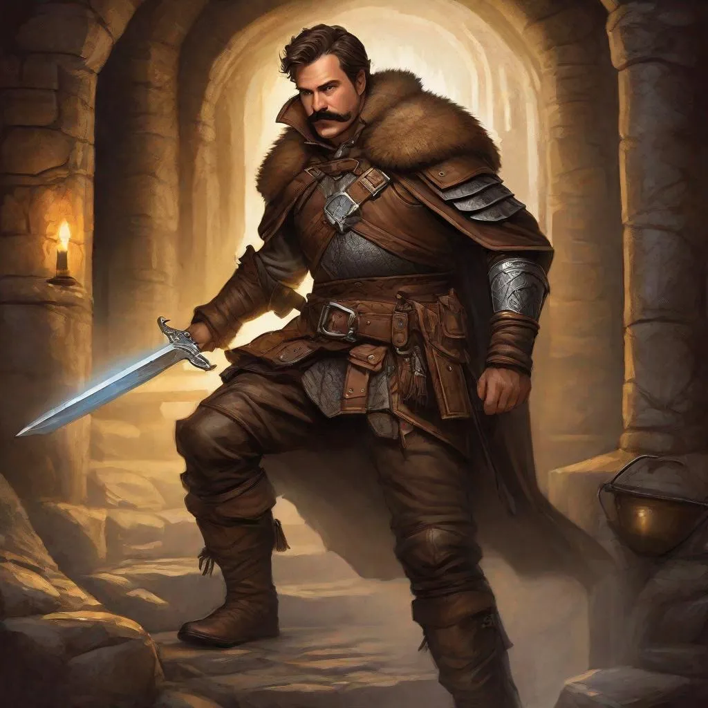 Prompt: (Fullbody) a mature rogue manly face, brown-grey short-hair mustache and stubble, leather armor open chest hairy, heavy belt, brown boots, cloak, pathfinder, dungeons and dragons, exploring an old dungeon in the dark, holding a dagger and a lantern, in a painted style, realistic