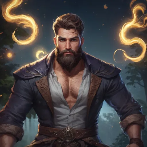 Prompt: (Full body) male stocky heavy-set 
transmuter with short hair and beard, hairy chest, casting swirly bright spell, in nature at night, pathfinder, d&d setting, in a realistic high quality digital art style