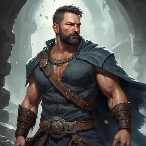 Prompt: (Torso) Male stocky large muscular 41-year old druid with short-cut hair and beard, engaged in combat casting a light-spell inside of a windy dungeon, pathfinder, d&d setting, realistic, enhanced shadow quality, colorful