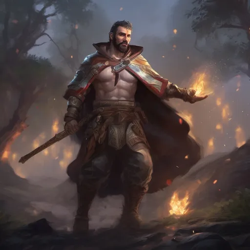 Prompt: (Full body) male stocky big-chested sorcerer with striped short hair and beard, no shirt on, hairy chest, casting swirly bright spell, in nature at night, pathfinder, d&d setting, in a realistic digital art style