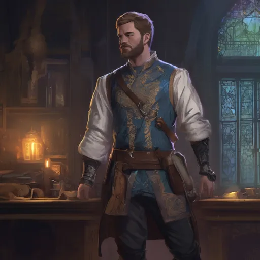 Prompt: (Full body) male stocky young royal noble with short-cut hair and beard, in a dark room, pathfinder, d&d setting, in a realistic digital art style