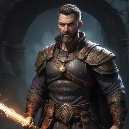 Prompt: (Torso) Male stocky large muscular 39-year old summoner with short-cut hair and beard, engaged in combat casting a light-spell inside of a dark dungeon, pathfinder, d&d setting, realistic, enhanced shadow quality, colorful