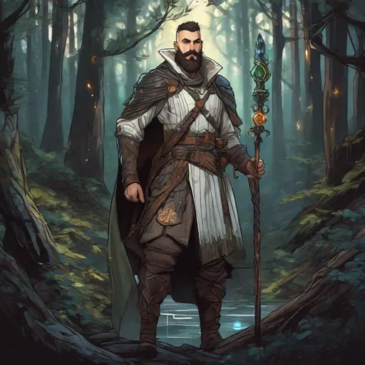 Prompt: (Full body) handsome male arcanist glowing eyes with buzz-cut hair beard, scar, manly face, holding a staff, pathfinder, dungeons and dragons, in a dark forest, in a painted style, realistic