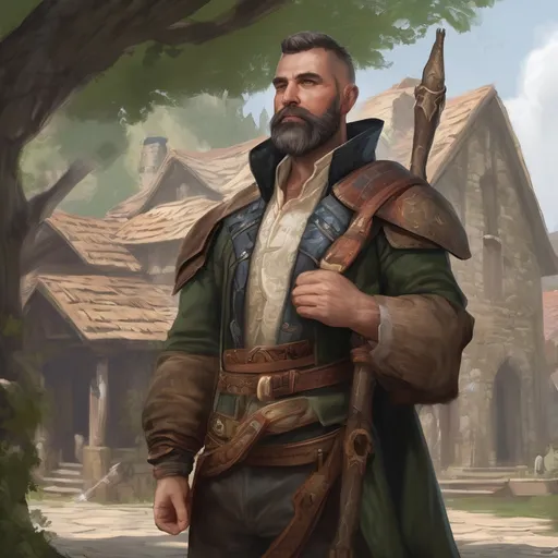 Prompt: (Full body) male handsome large welch bard with short hair and beard, by a small fantasy village, pathfinder, d&d setting, in a realistic high quality digital art style