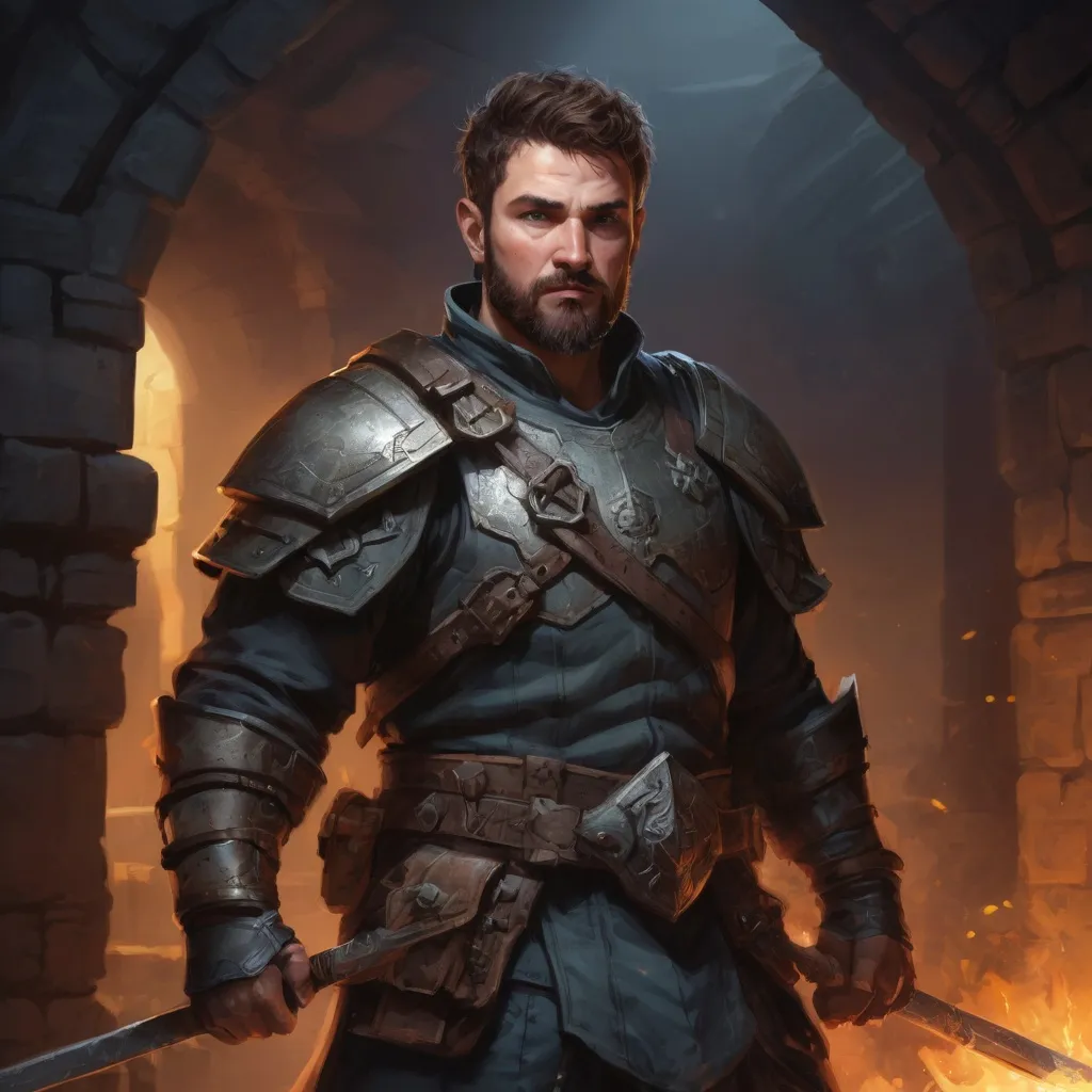 Prompt: Male stocky large warrior with short-cut hair and beard, exploring a dark dungeon, pathfinder, d&d setting, in a realistic high quality digital art style, enhanced shadow quality, colorful
