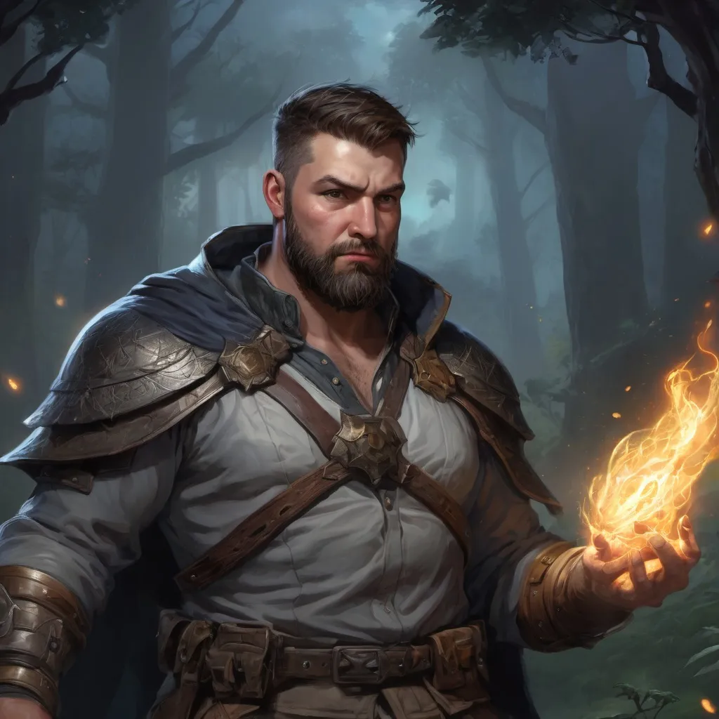 Prompt: Male stocky large fat templar with short-cut hair and beard, open shirt hairy chest, in combat casting a magic-ray out of hands in nature at night, pathfinder, d&d setting, in a realistic high quality digital art style, enhanced shadow quality, colorful