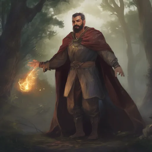 Prompt: (Full body) male large albanian witch with short-cut hair and beard, casting a magical spell, outside of a forest at night, cloak, pathfinder, d&d setting, in a realistic digital art style