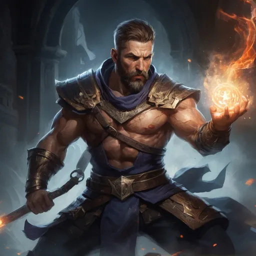 Prompt: Male stocky large muscular battle-mage with short-cut hair and beard, engaged in combat casting a white-light spell inside of a dark dungeon, pathfinder, d&d setting, realistic, enhanced shadow quality, colorful