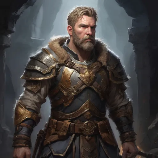 Prompt: Male stocky hairy mature warrior in  a breastplate, with short dark-blonde hair and beard, exploring a dark dungeon, pathfinder, d&d setting, in a realistic high quality digital art style, enhanced shadow quality, colorful