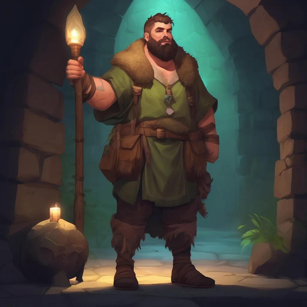 Prompt: (Full body) male stocky big-chested nature druid with short hair and beard, in a dungeon at night, pathfinder, d&d setting, in a realistic digital art style