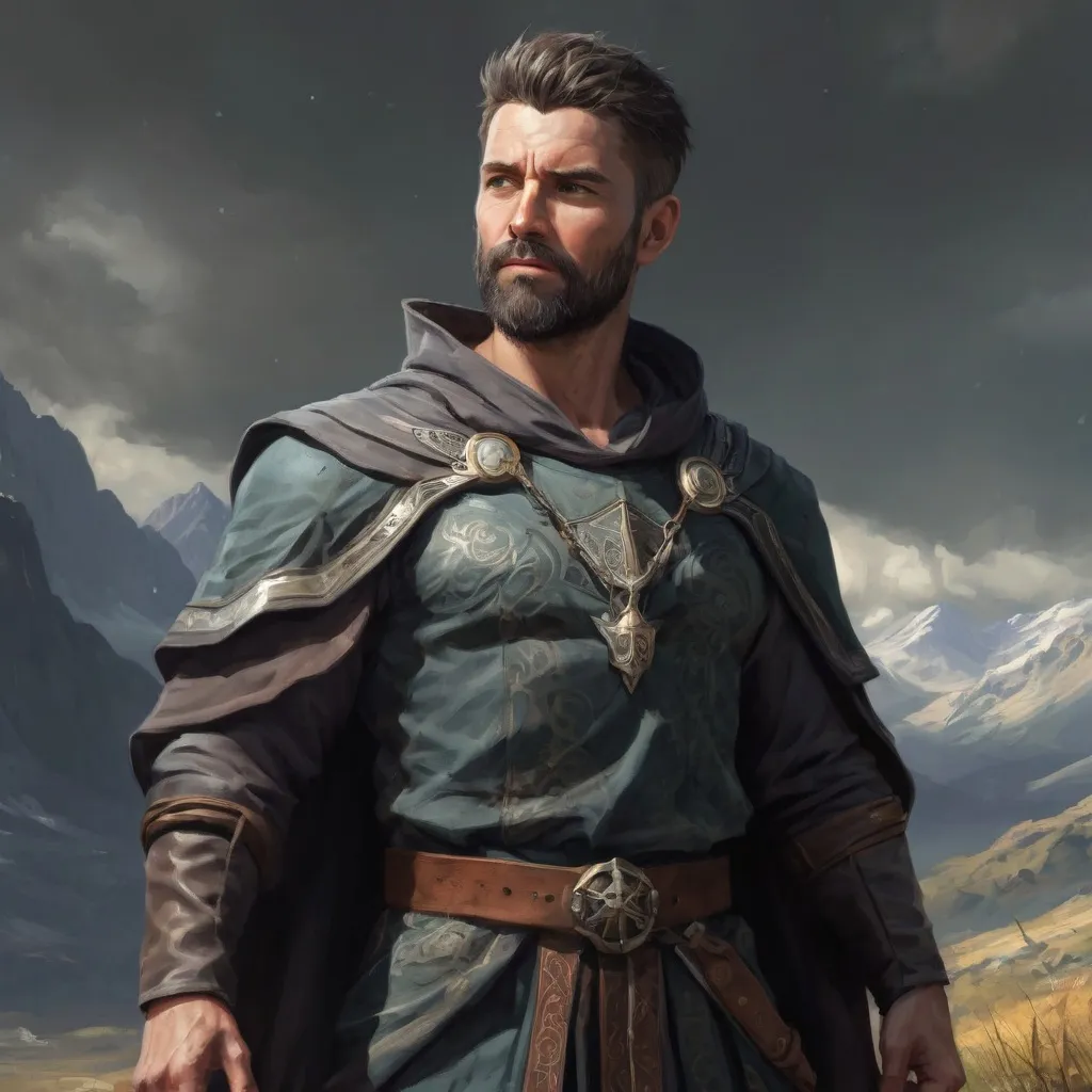 Prompt: Male stocky wide-chested fit 35-year old sacred oracle with short-cut hair and beard, in a windy mountain field, , casting a spell, pathfinder, d&d setting, enhanced shadow quality
