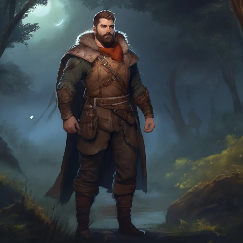 Prompt: (Full body) male stocky fighter with hairy chest and short hair and beard, in nature at night, pathfinder, d&d setting, in a realistic digital art style