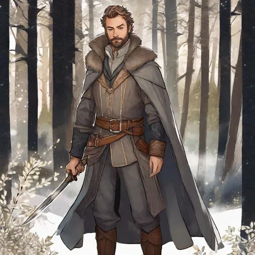 Prompt: (Fullbody) hairy manly mage face looks like older jude law, short-hair grey stripes, short-bearded, leather shirt, open shirt, heavy belt, swirly magic from staff, brown boots, cloak, pathfinder, dungeons and dragons, monocle, outside a town by a forest at night, holding a weapon, in a painted style, realistic
