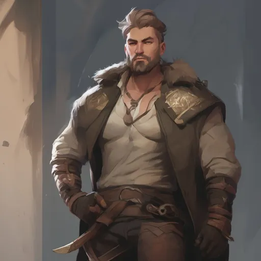 Prompt: (Full body) male stocky big-chested bandit with short hair and beard, no shirt on, in a dark castle, pathfinder, d&d setting, in a realistic digital art style