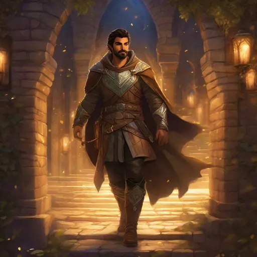 Prompt: (Full body) A hairy broad-chested large handsome arab male magical rogue with short cut hair a mustache and stubble, pathfinger,  light-armor (leaf details), magic swirl around hand, dungeons and dragons, hairy chest, brown boots, fantasy setting, coming out a large towngate late at night, in a painted style realistic art