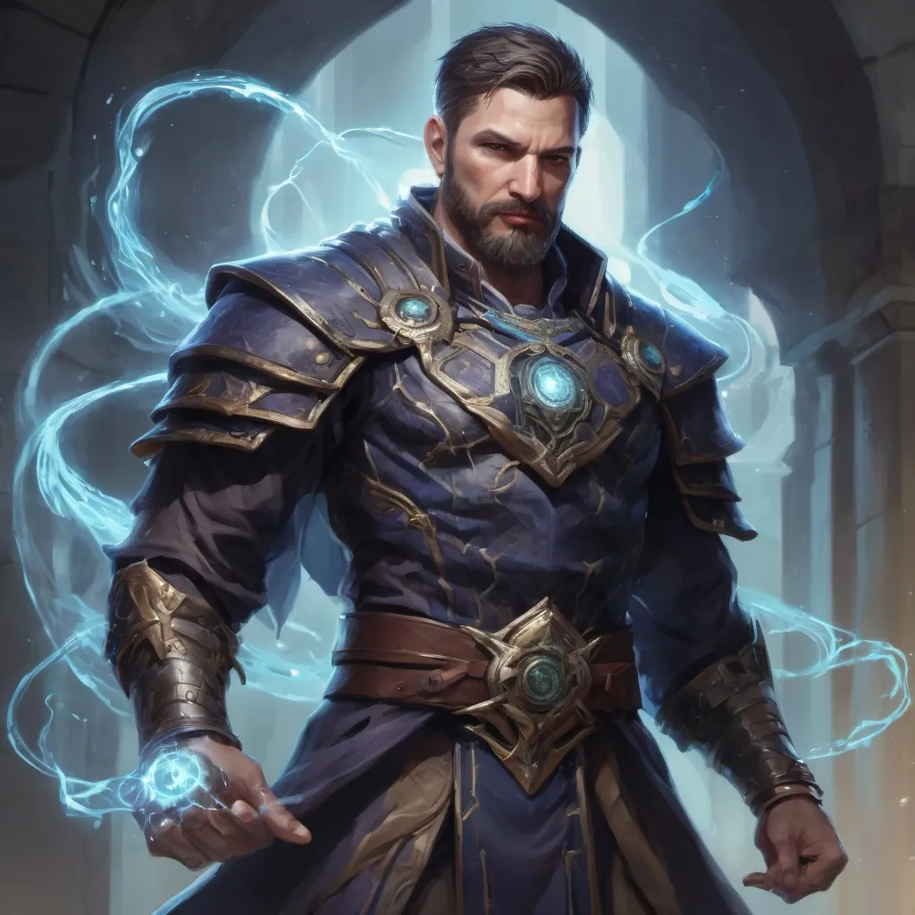 Prompt: (torso) Male stocky large fit 37-year old eidolon-summoner with short-cut hair and beard, casting a magic-ray out of hands in a windy path, pathfinder, d&d setting, in a realistic high quality digital art style, enhanced shadow quality, colorful