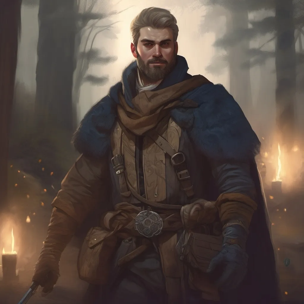 Prompt: (Full body) male stocky big-chested Noble thief with blonde short hair and beard, in nature at night, pathfinder, d&d setting, in a realistic digital art style