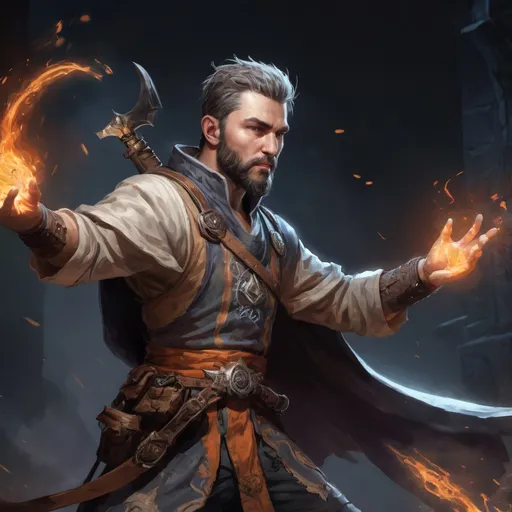 Prompt: Male stocky large battle-mage with short-cut hair and beard, engaged in combat casting a white-light spell inside of a dark dungeon, pathfinder, d&d setting, enhanced shadow quality, colorful