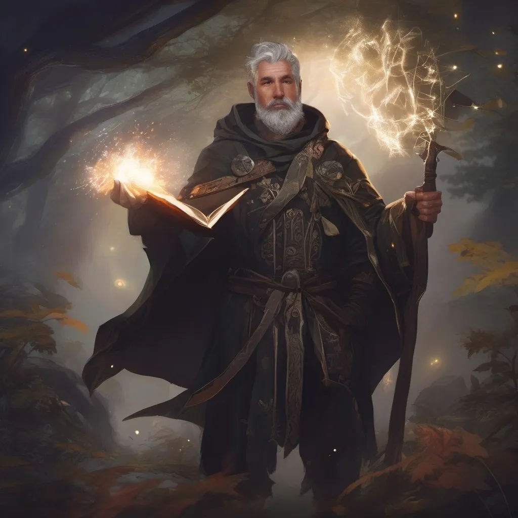 Prompt: (Full body) male stocky large magical young sorcerer with short-cut salt and pepper hair and beard, casting a magical spell, in nature in the dark, cloak, pathfinder, d&d setting, in a realistic digital art style