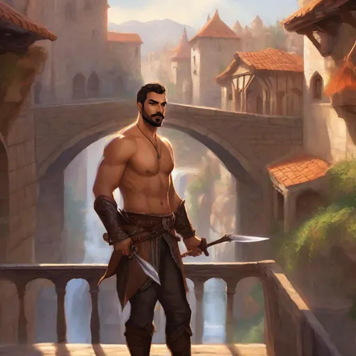 Prompt: (Full body) A broad-chested large arab male rogue with short-cut hair a mustache and stubble, pathfinger,  no shirt hairy chest, magic swirl, leather pants, holding a weapon, dungeons and dragons, brown boots, fantasy setting, on a small town bridge, in a painted style realistic art