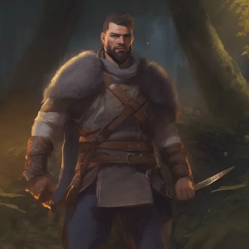 Prompt: (Full body) male stocky martial fighter with hairy chest and short hair and beard, in nature at night, pathfinder, d&d setting, in a realistic digital art style