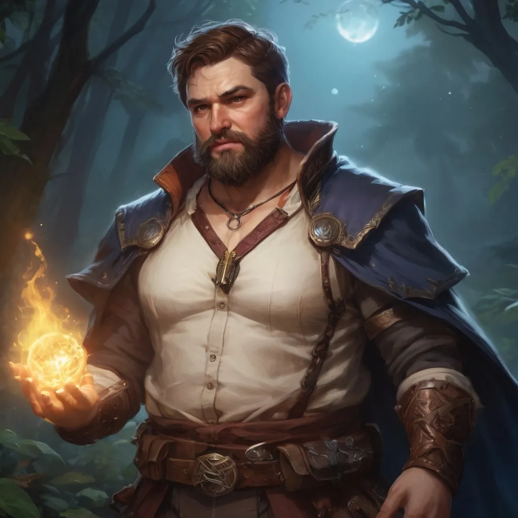 Prompt: Male stocky large fat cleric with short-cut hair and beard, open shirt hairy chest, in combat casting a magic-ray out of hands in nature at night, pathfinder, d&d setting, in a realistic high quality digital art style, enhanced shadow quality, colorful